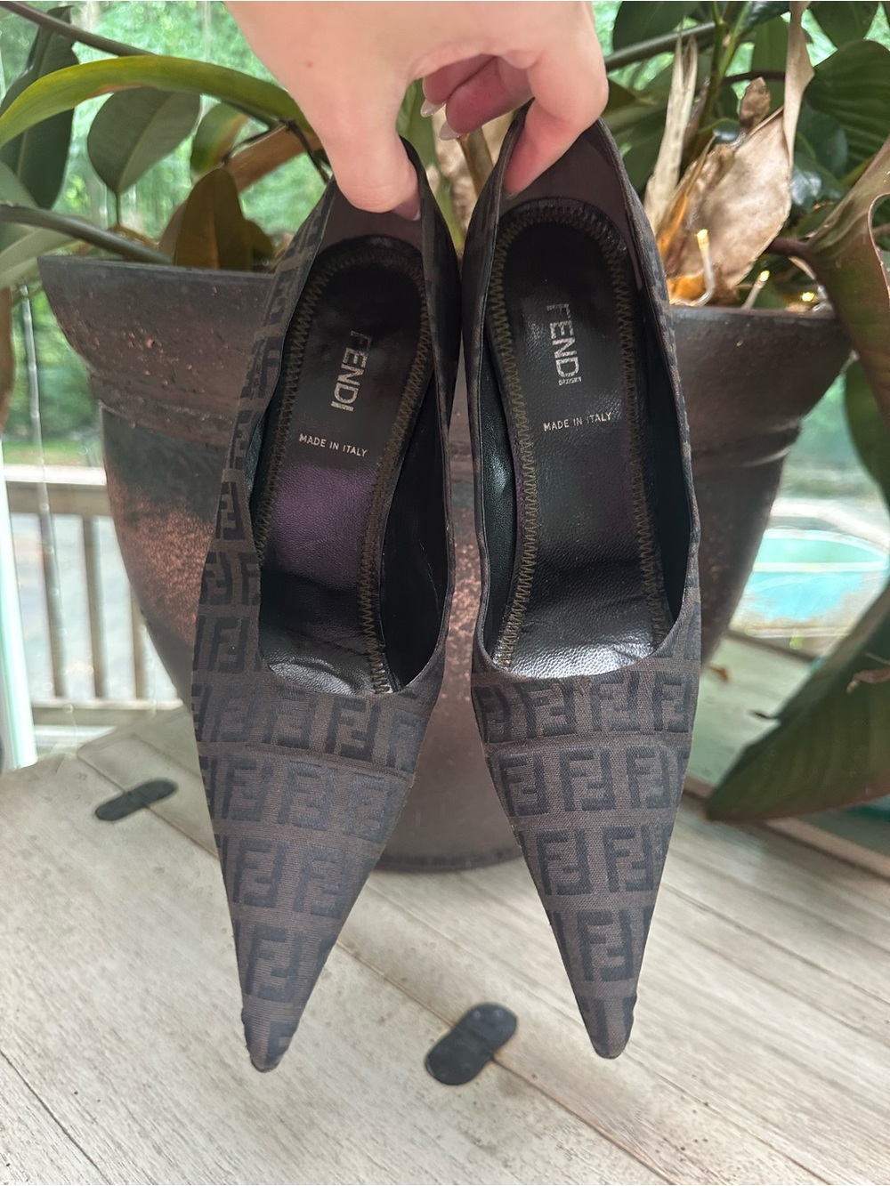 Fendi Brown FF Logo Pointed Toe Pumps with Logo Jacquard 38